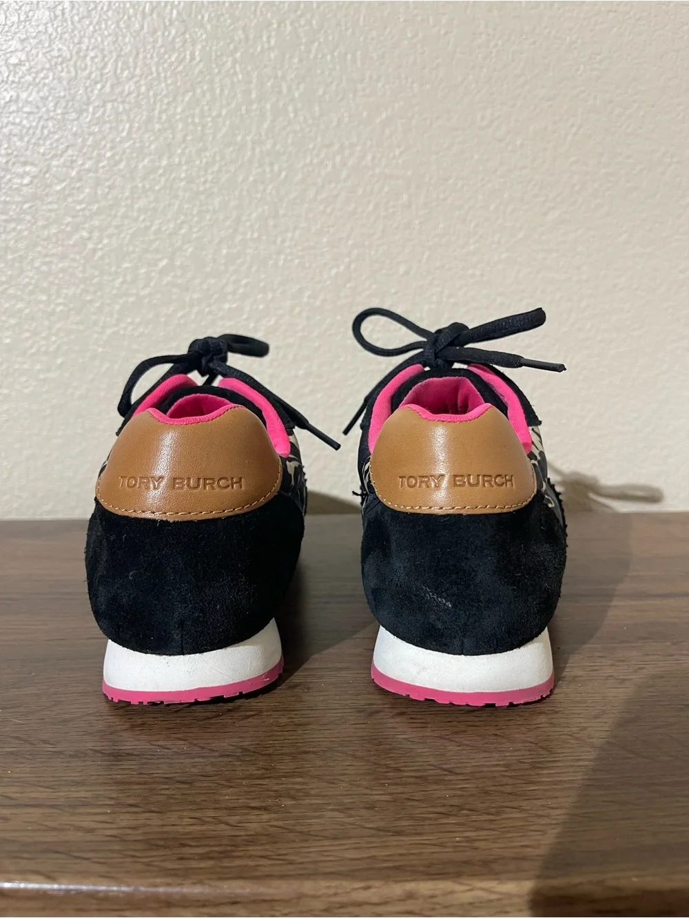 Tory Burch Black Floral Sneakers with Hot Pink Accents